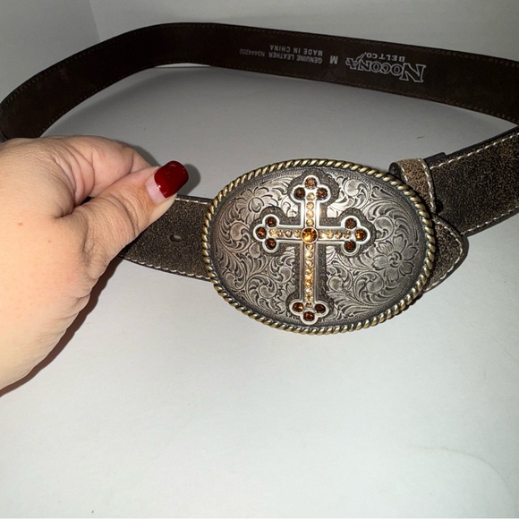NOCONA leather western rhinestone cross oversized buckle Y2K style belt M - Picture 3 of 5